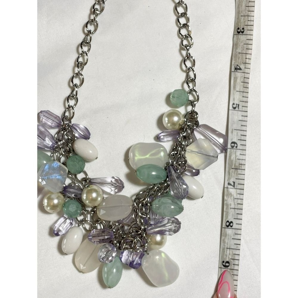 Pastel Beaded Statement Necklace Silver Chain Bib Seaglass Mermaid Y2K Chunky - Picture 2 of 10